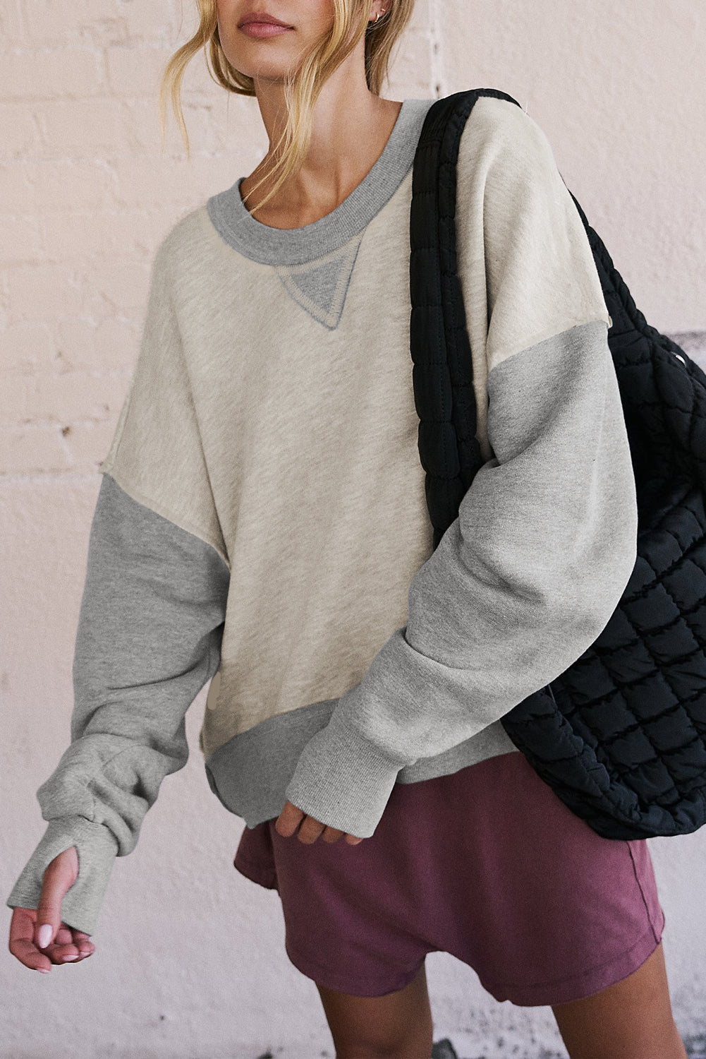 Light Grey Color Block Thumbhole Sleeve Drop Shoulder Sweatshirt