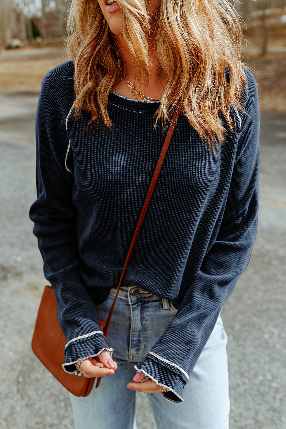 Textured Crewneck Long Sleeve Top