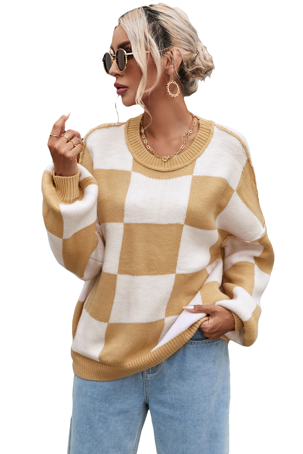 Checkered Bishop Sleeve Pullover Sweater