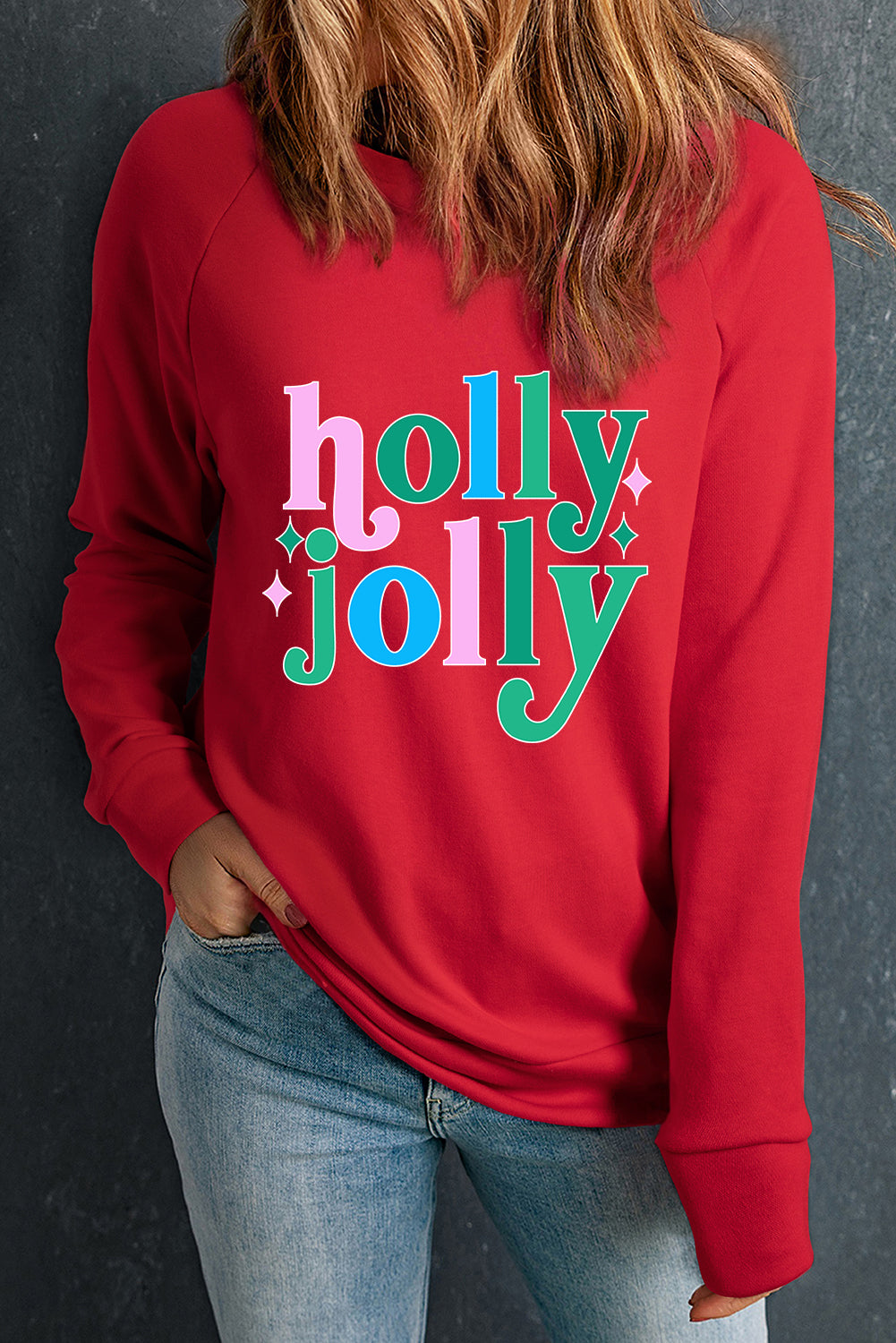 Red holly jolly Graphic Crewneck Christmas Pullover Sweatshirt