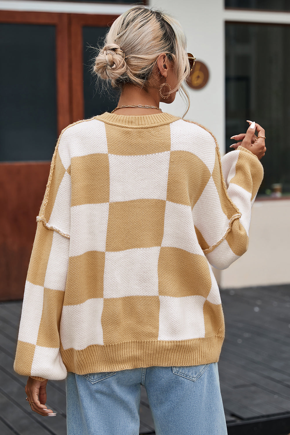 Checkered Bishop Sleeve Pullover Sweater