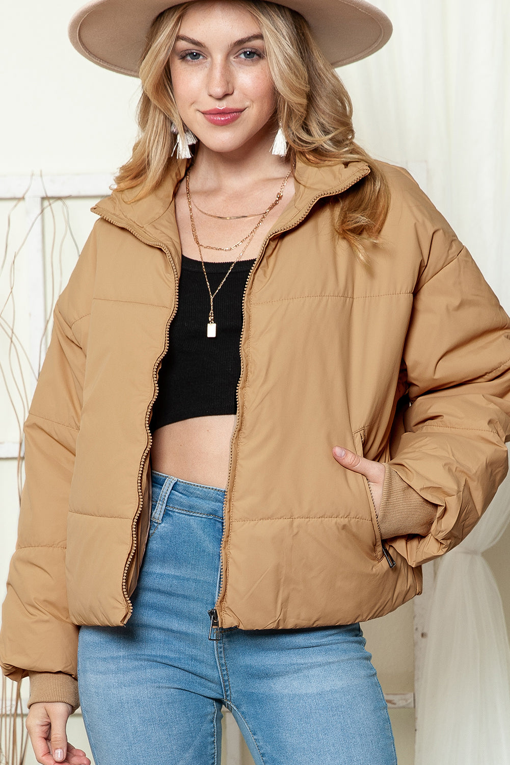 Brown Solid Zip Up Pocketed Puffer Coat