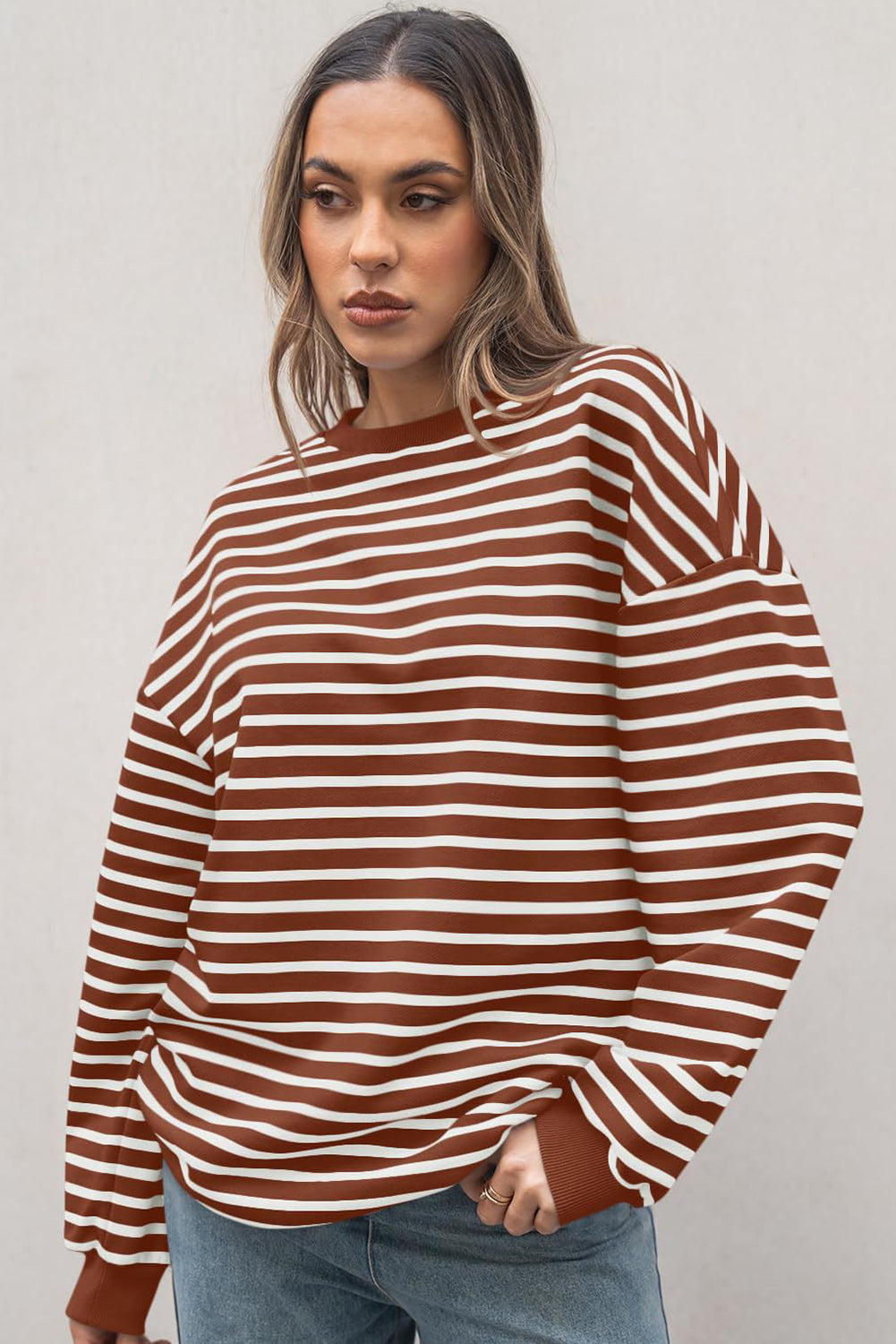 Coffee Striped Long Sleeve Round Neck Loose Fit Sweatshirt