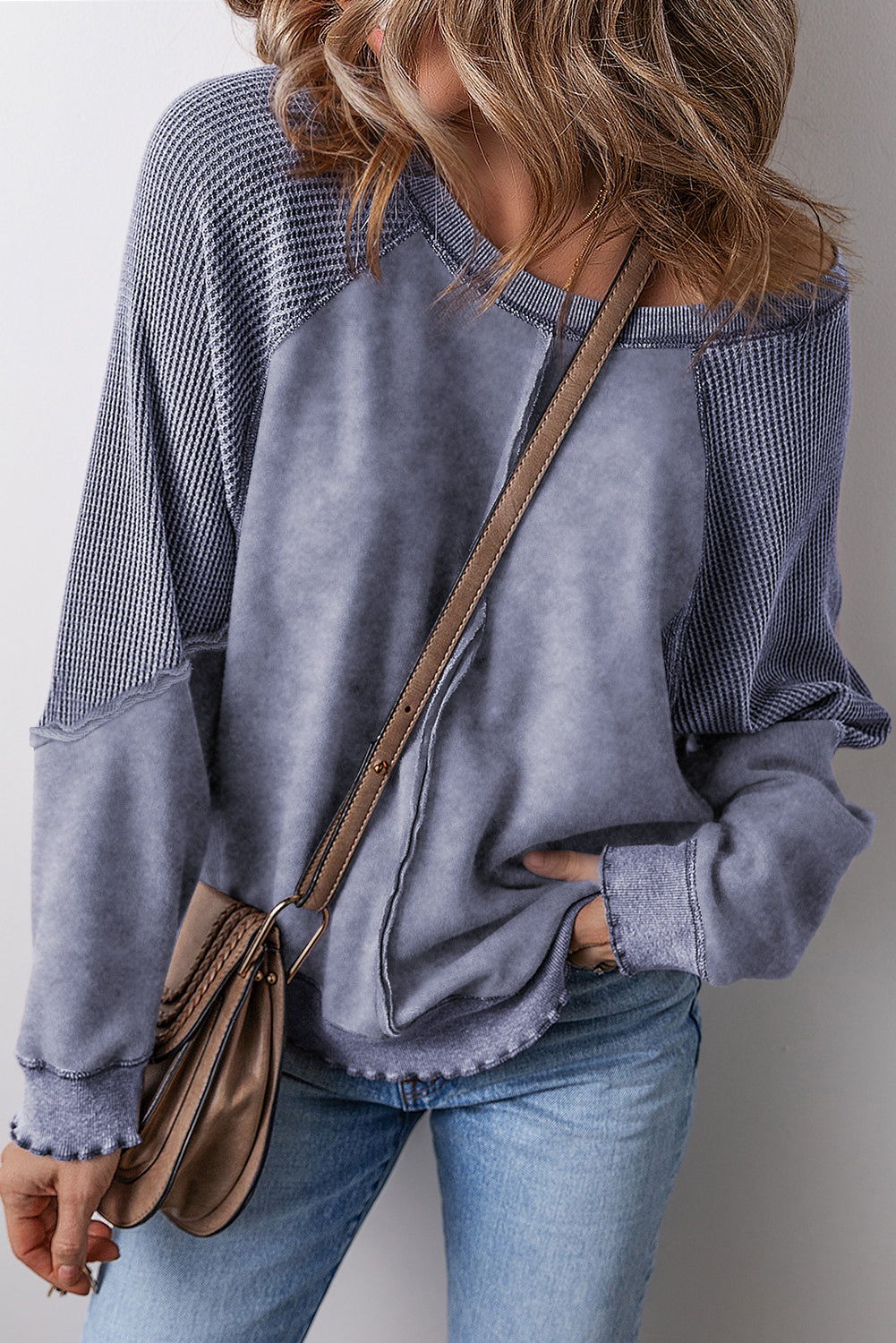 Light French Beige Patchwork Raglan Sleeve Exposed Seam Sweatshirt