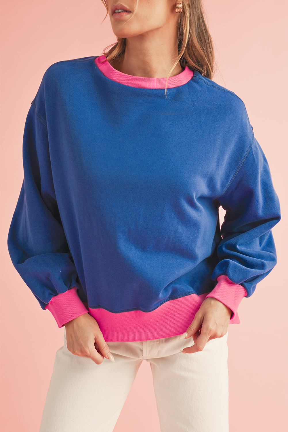 Blue Contrast Trim Bubble Sleeve Sweatshirt