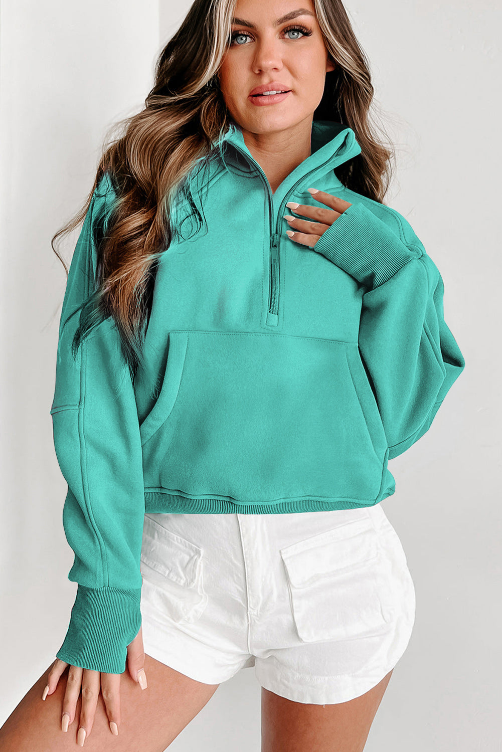 Zip Up Stand Collar Thumbhole Sleeve Sweatshirt