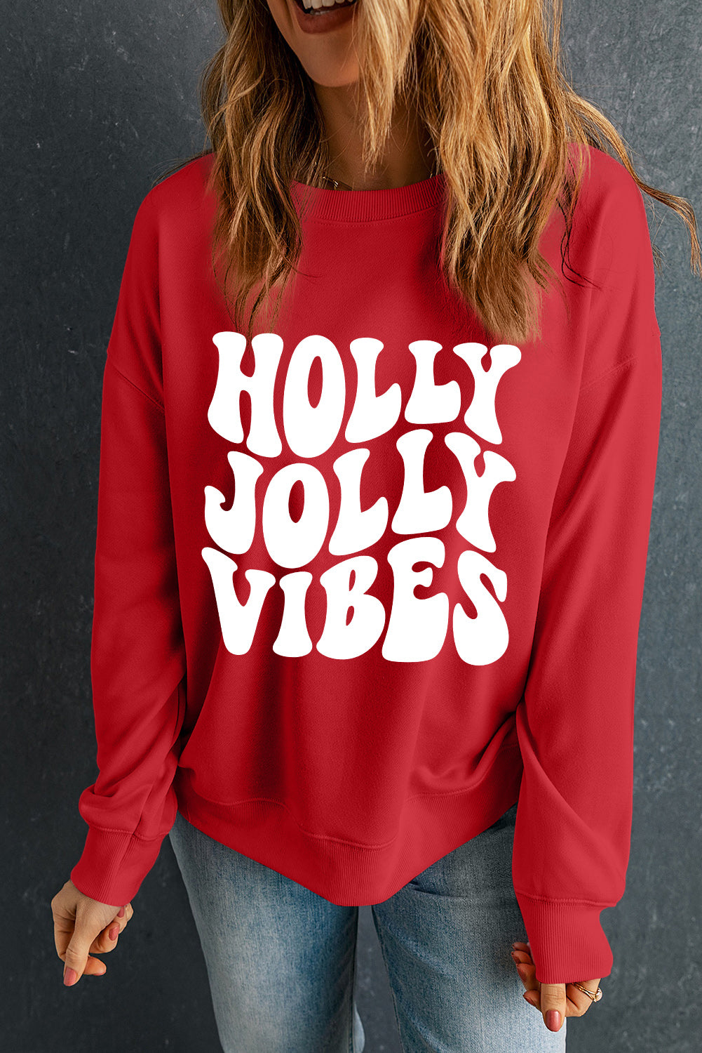 Red HOLLY JOLLY VIBES Graphic Crewneck Christmas Sweatshirt