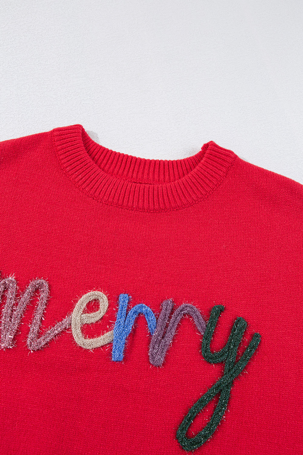 Fiery Red Tinsel Merry Letter Drop Shoulder Baggy Sweater