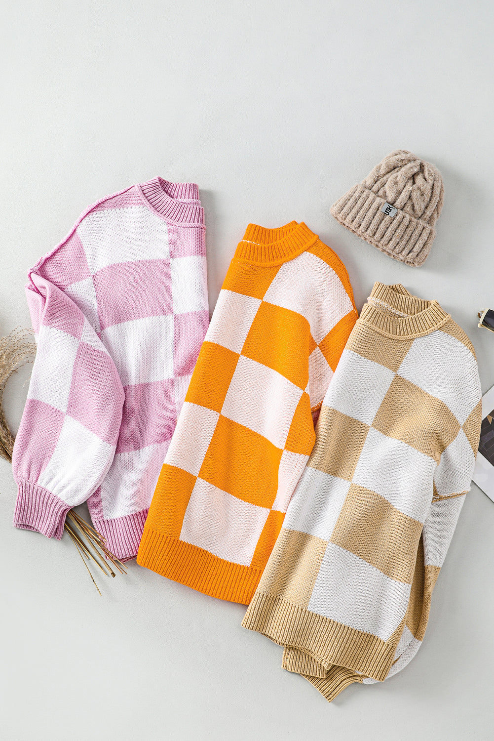 Checkered Bishop Sleeve Pullover Sweater