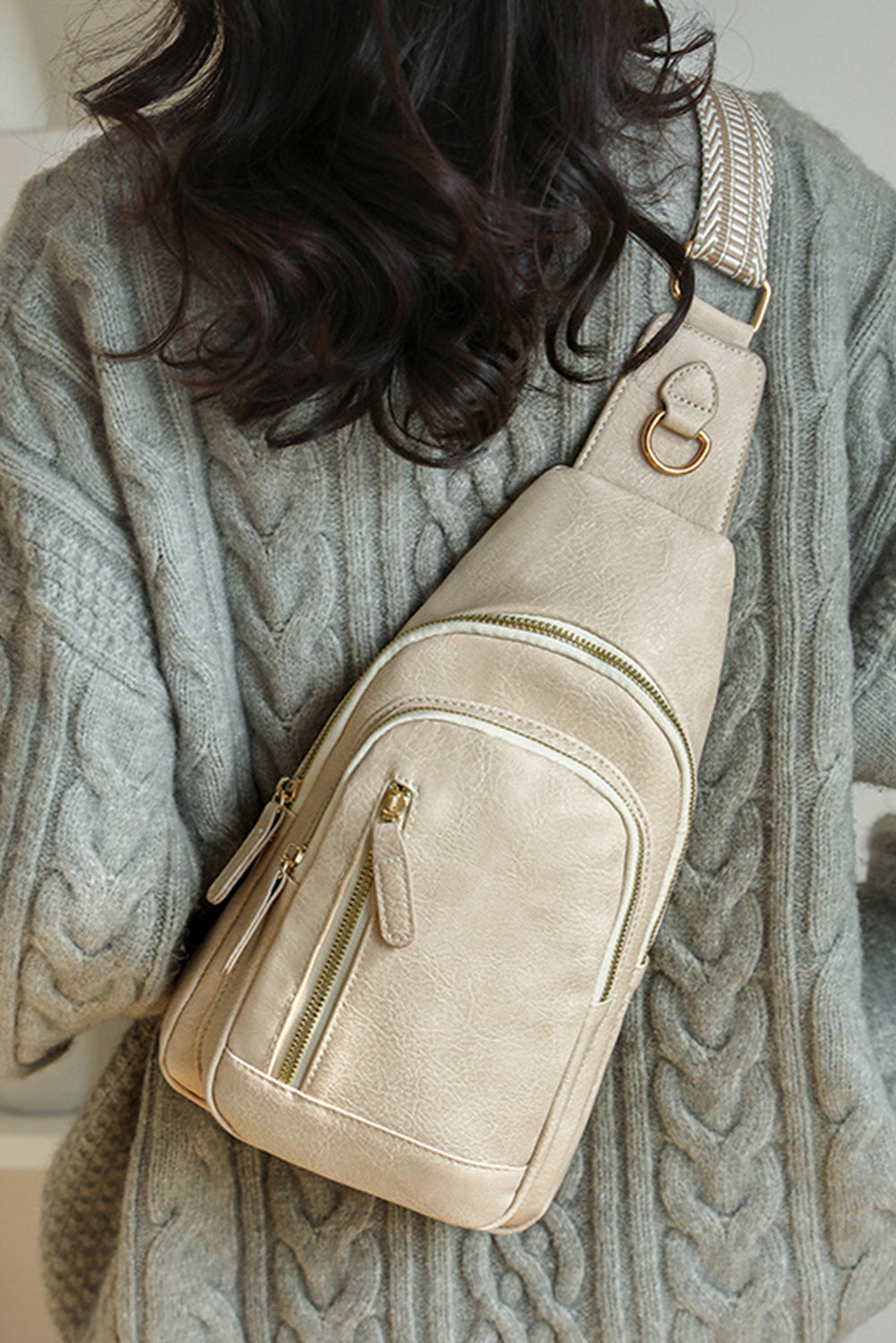 Beige Vintage PU Leather Zipped Crossbody Bag