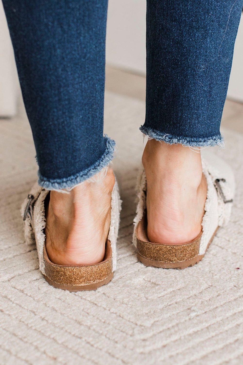 Beige Woven Linen Distressed Buckle Decor Slippers