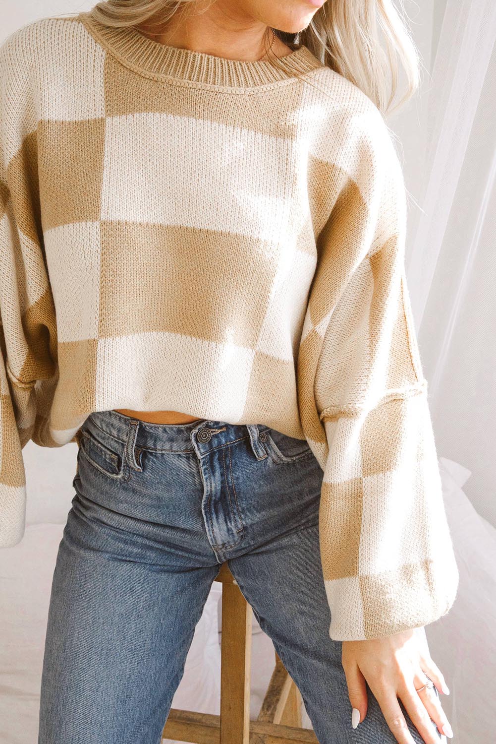 Checkered Bishop Sleeve Pullover Sweater