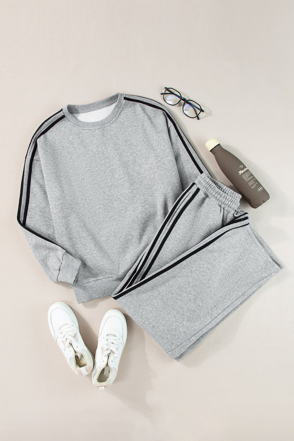 Light Grey Solid Color Side Striped Sweatshirt Pants Set