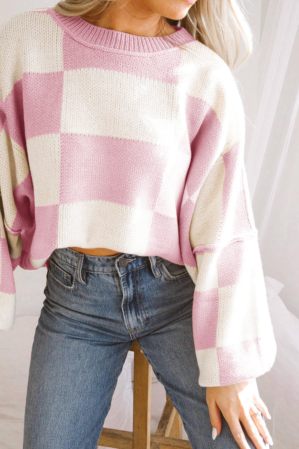 Checkered Bishop Sleeve Pullover Sweater