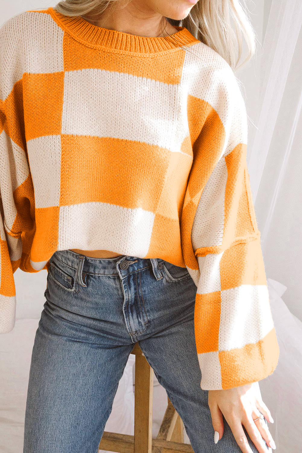 Checkered Bishop Sleeve Pullover Sweater