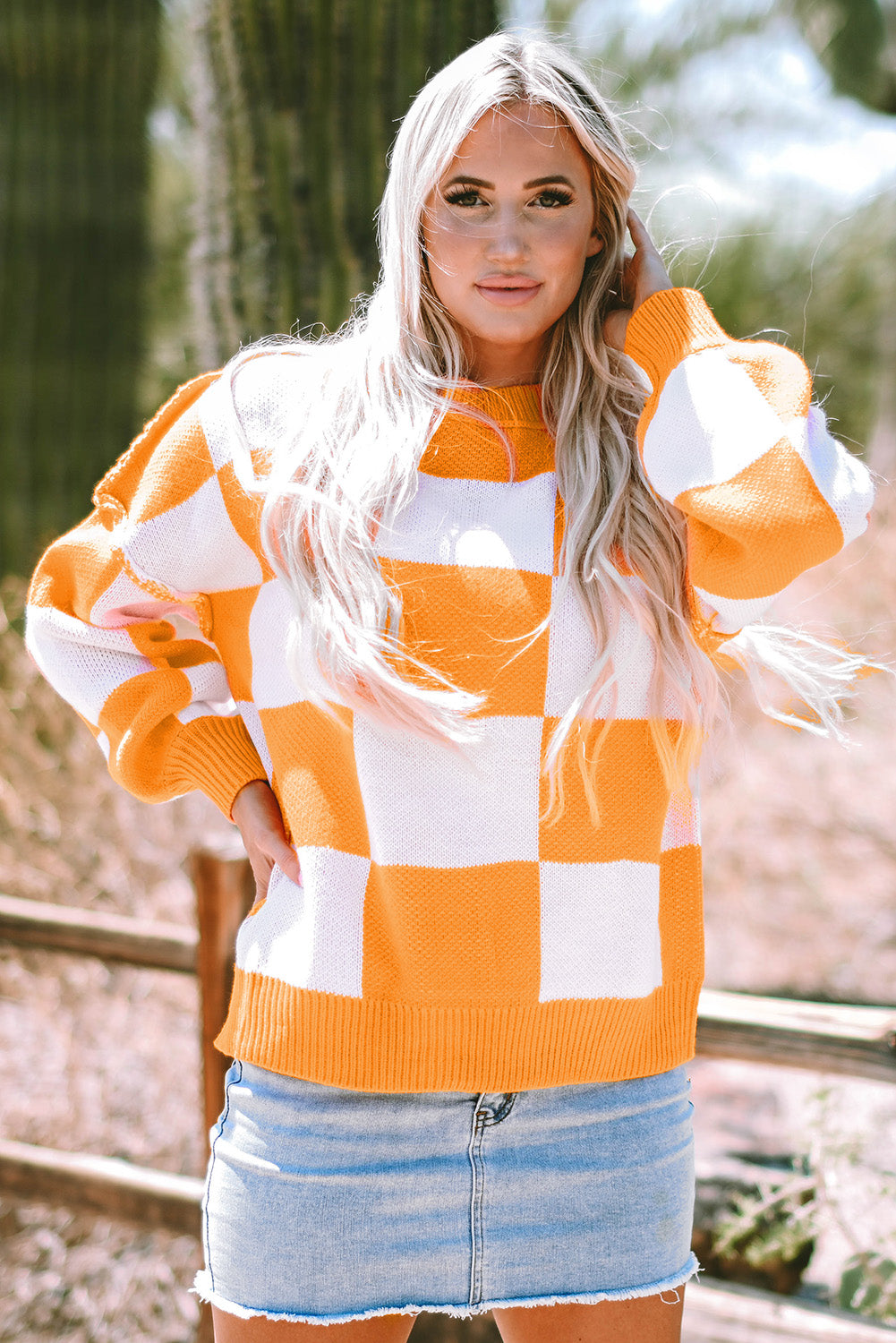 Checkered Bishop Sleeve Pullover Sweater