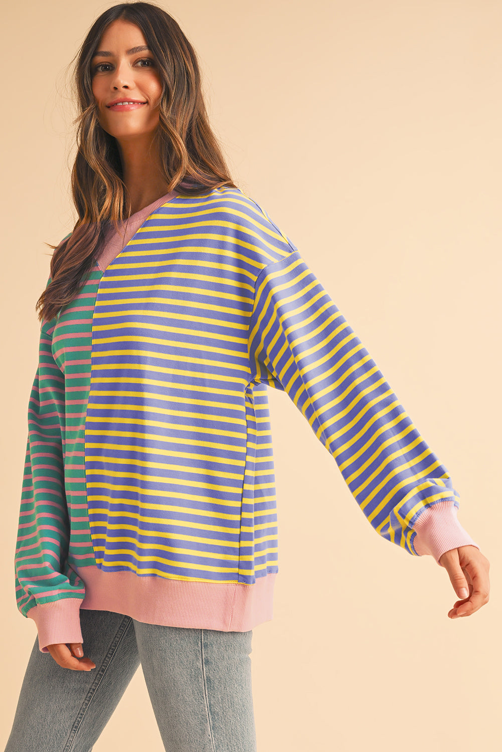 Stripe Colorblock Drop Shoulder Oversized Sweatshirt