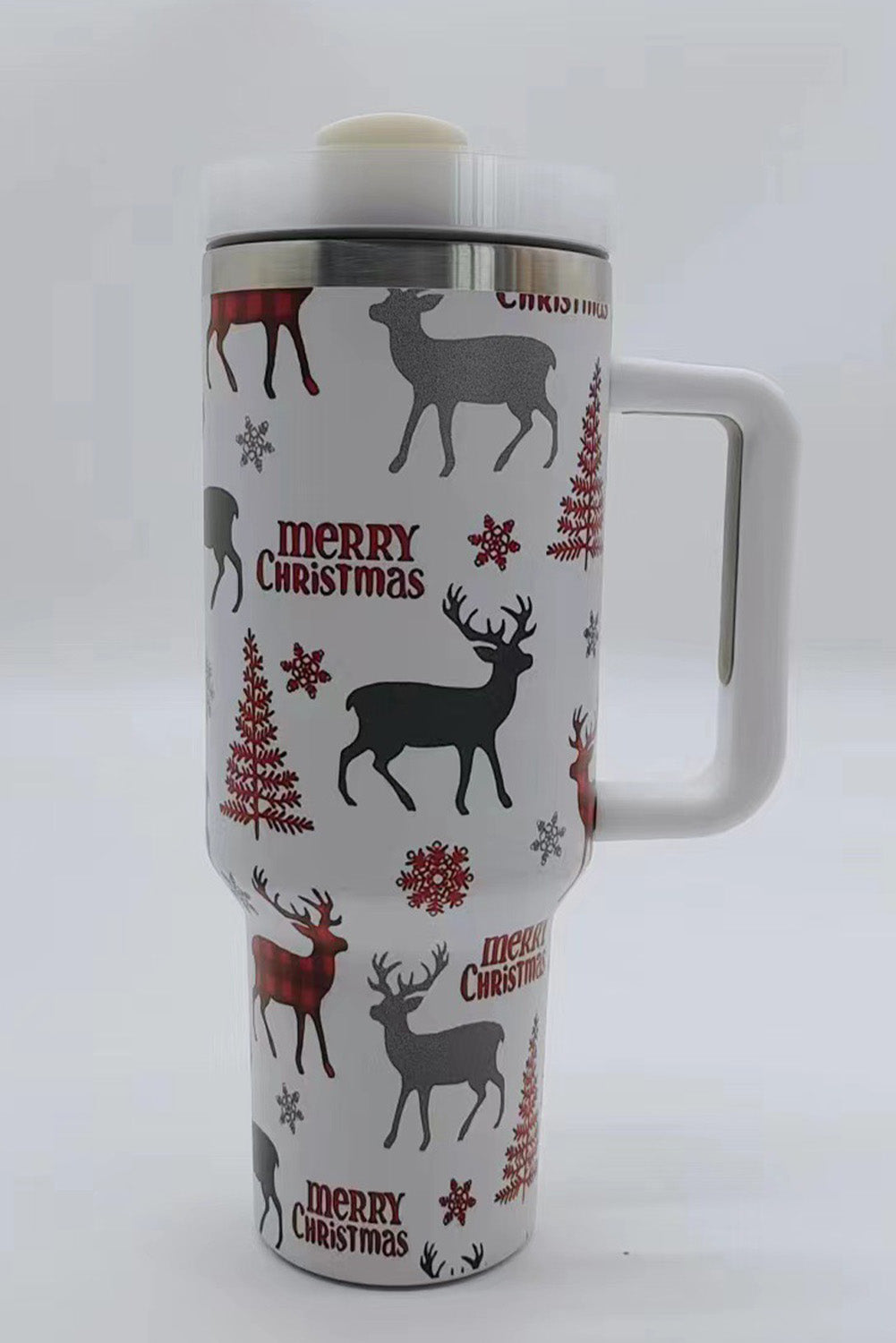 White Merry Christmas Tree Snowflake Elk Print 40 oz Tumbler Cup