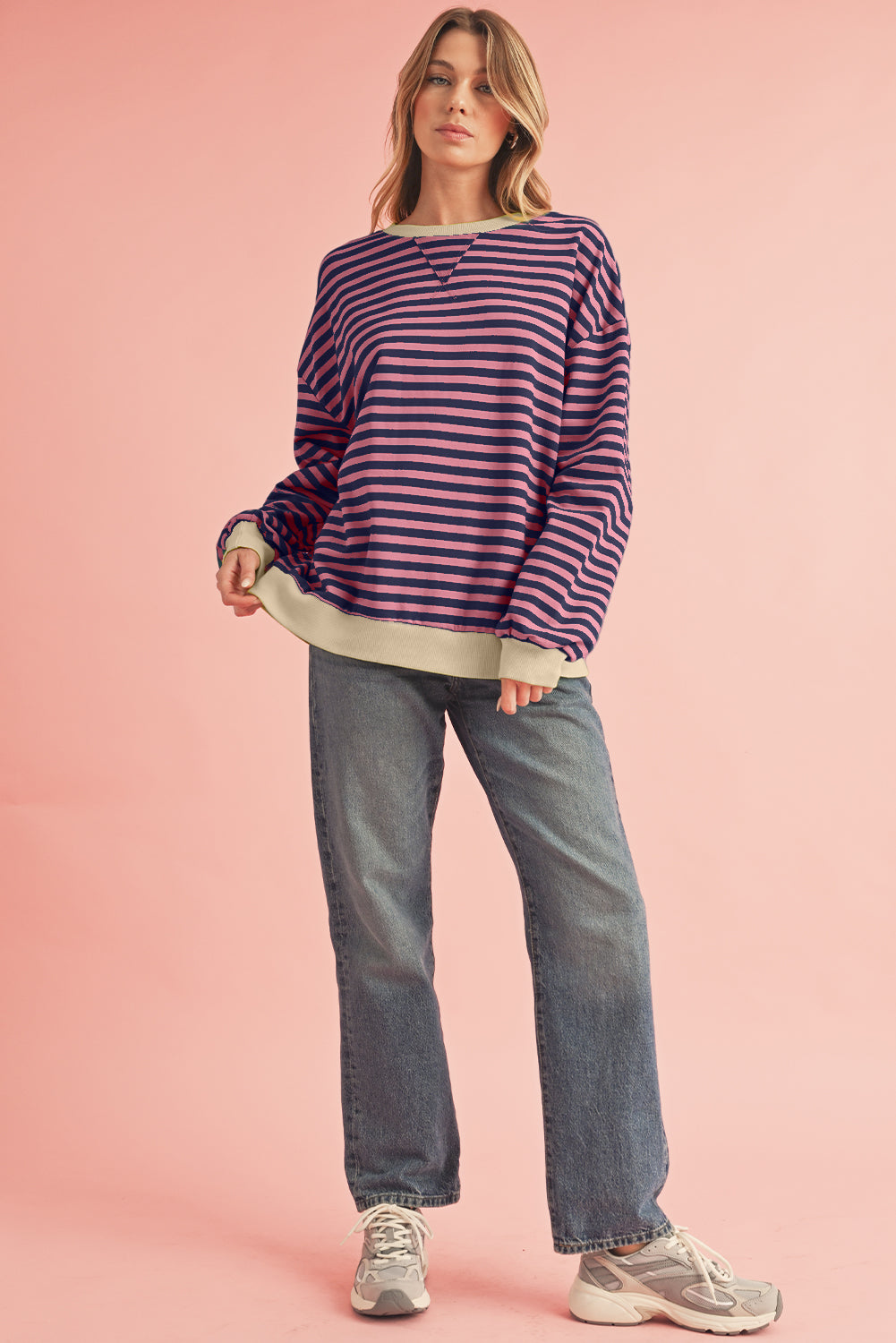 Red Stripe Contrast Edge Oversized Pullover