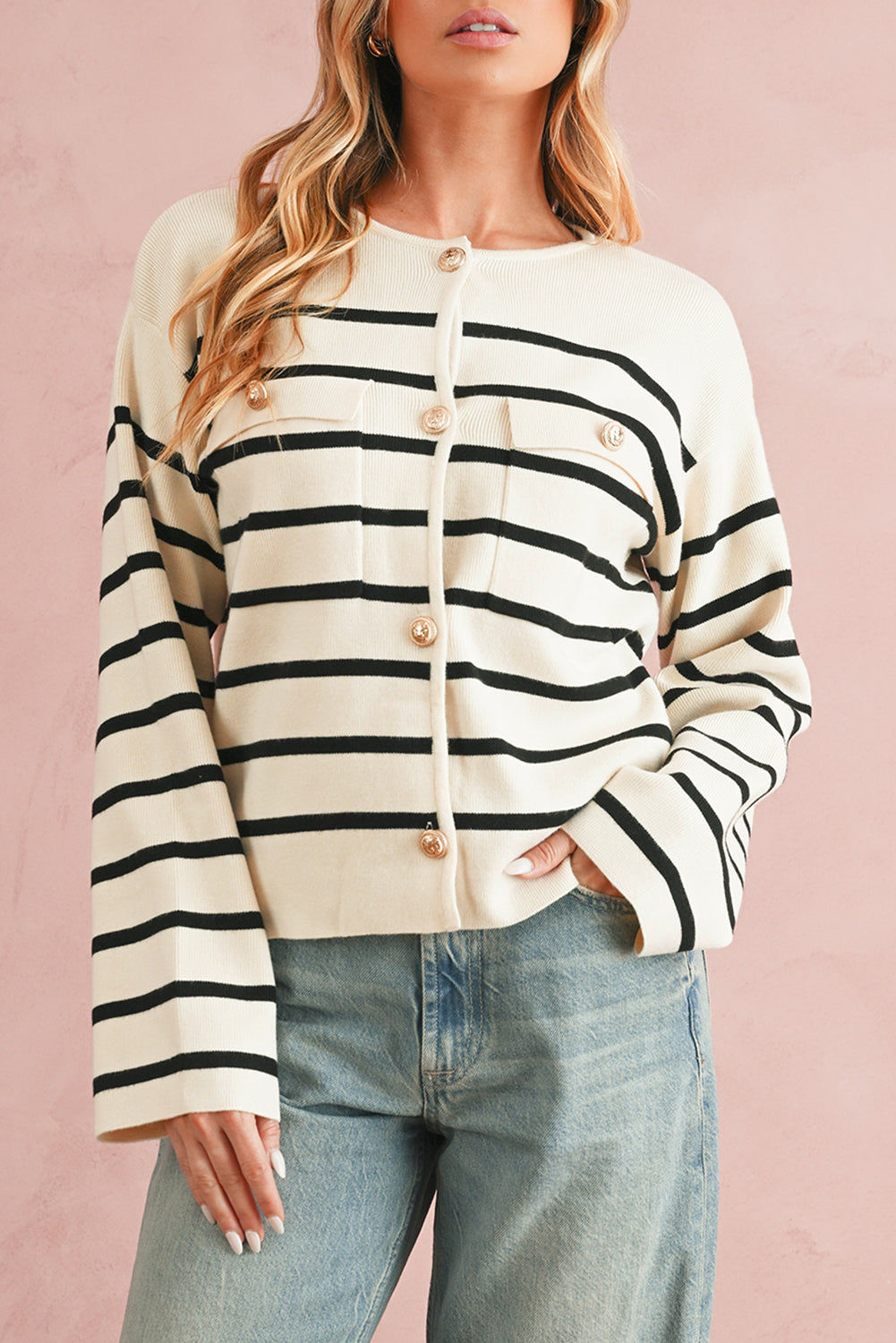 Black Stripe Flap Pocket Button Up Cardigan