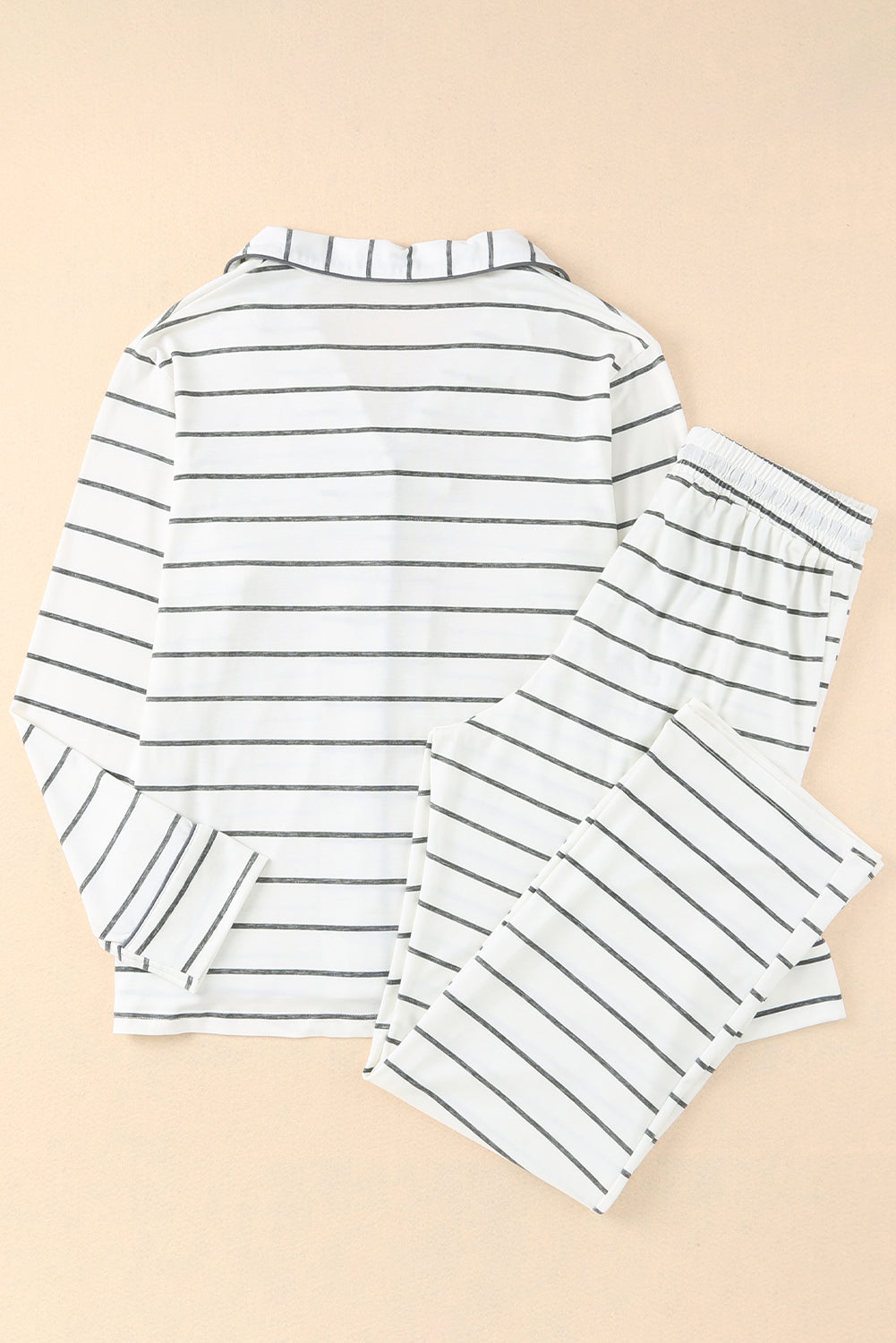 White Striped Print Long Sleeve Top & Drawstring Pants Pajamas Set