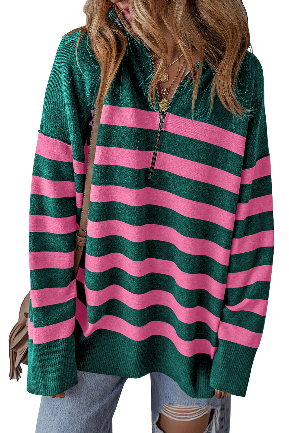 Black Striped Collared Quarter Zip Oversized Sweater