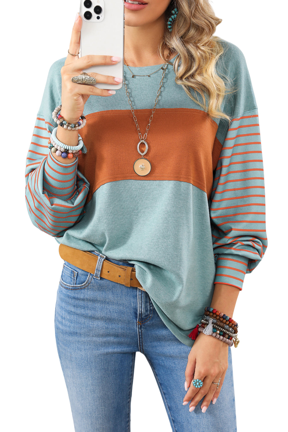 Colorblock Striped Bishop Sleeve Top with Side Slits