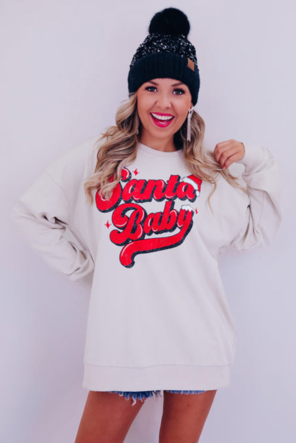 White Santa Baby Graphic Pullover Sweatshirt