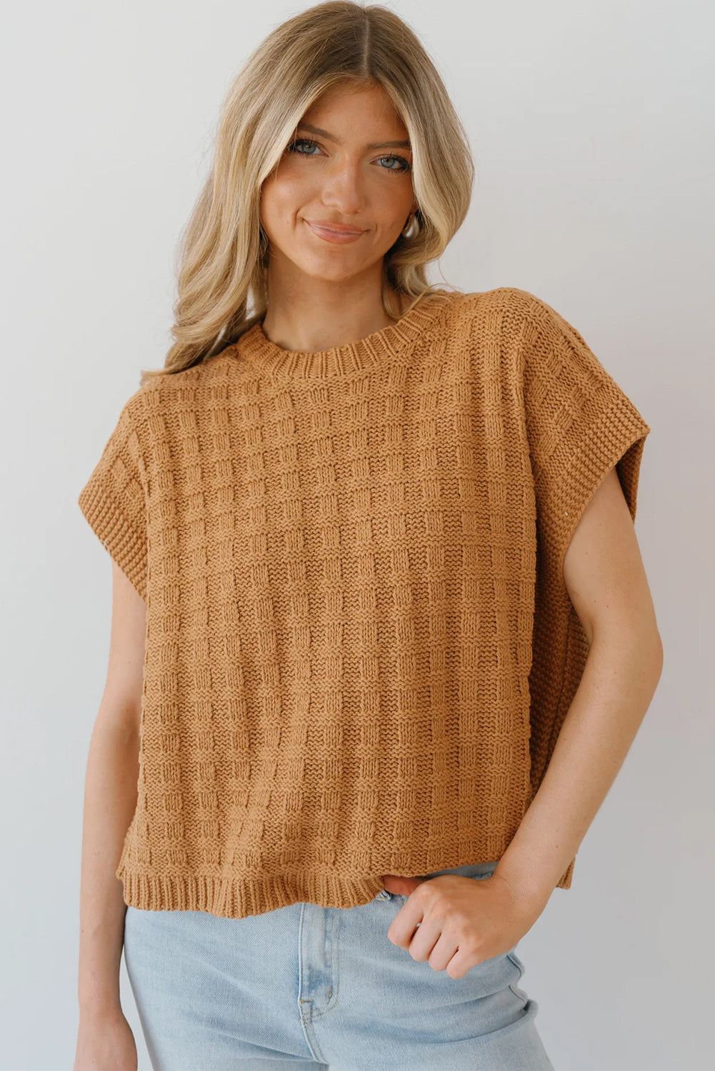 Camel Plain Checkered Texture Knit Top