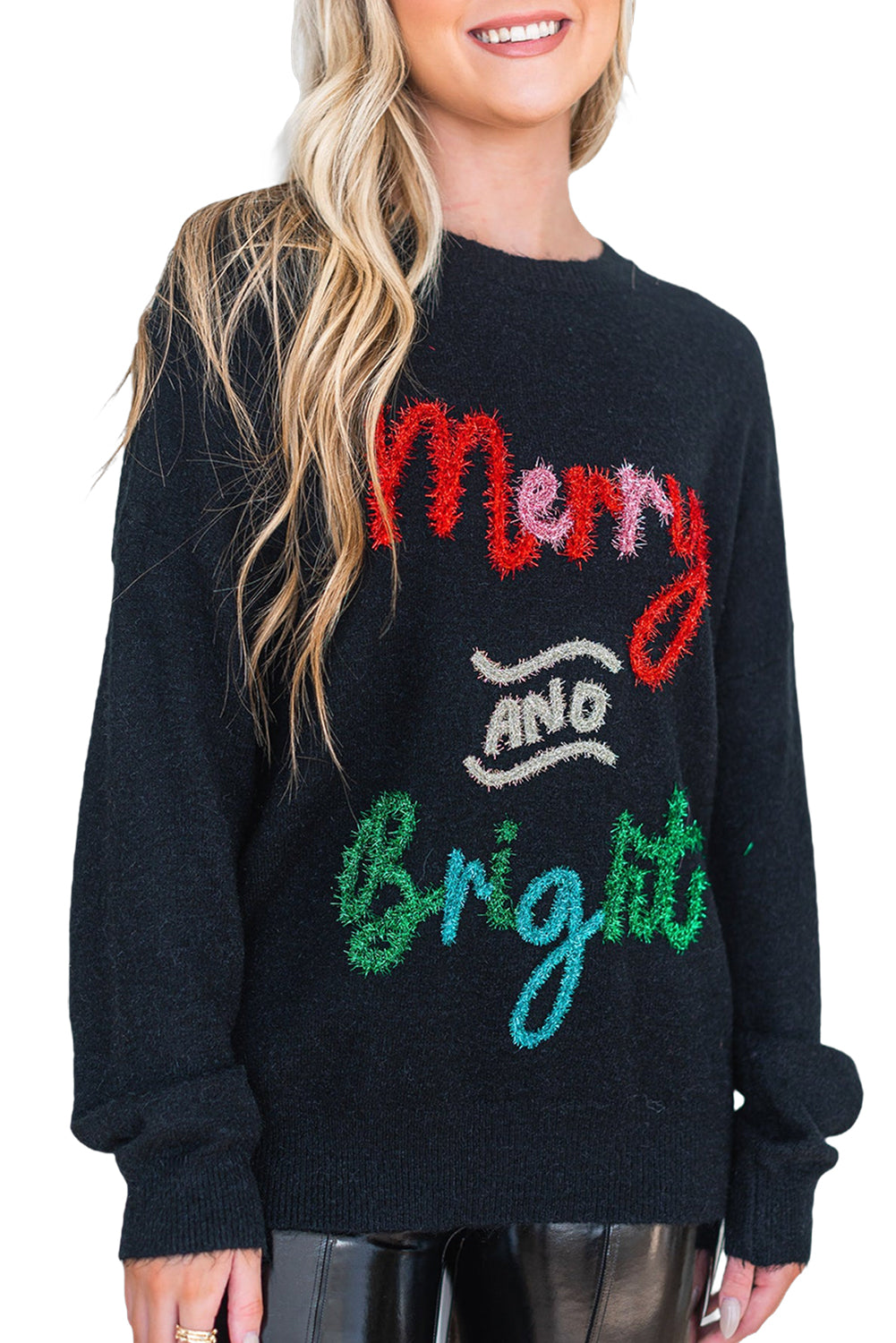 White Christmas Tinsel Merry and Bright Graphic Sweater