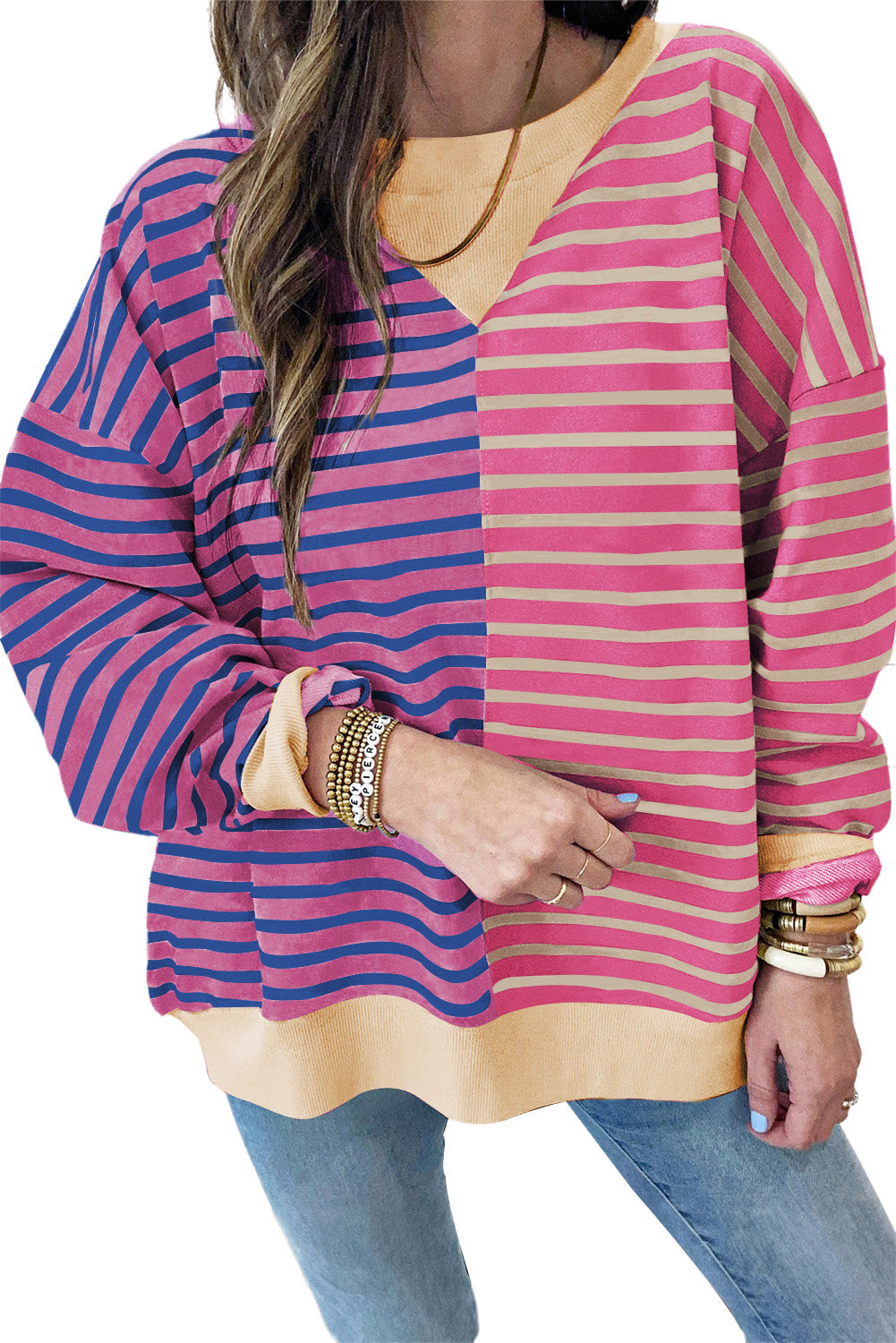 Stripe Colorblock Drop Shoulder Oversized Sweatshirt