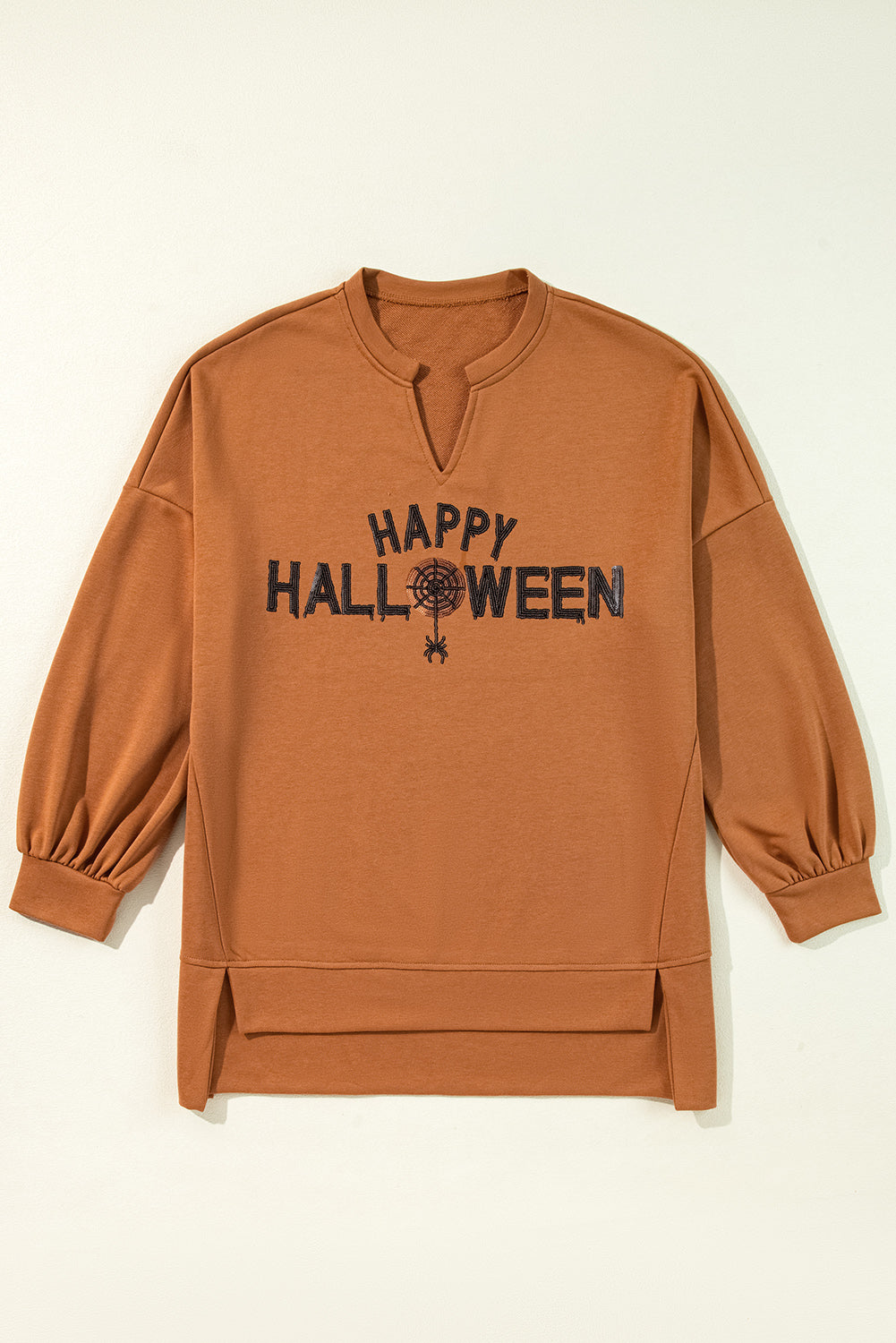 Medium Grey Sequin Happy Halloween Graphic Notched Neck Loose Top