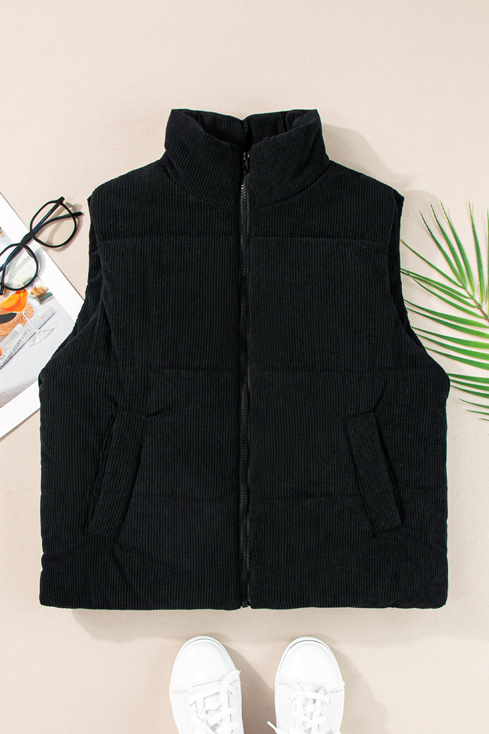 Coffee Solid Color Corduroy Puffer Vest Coat