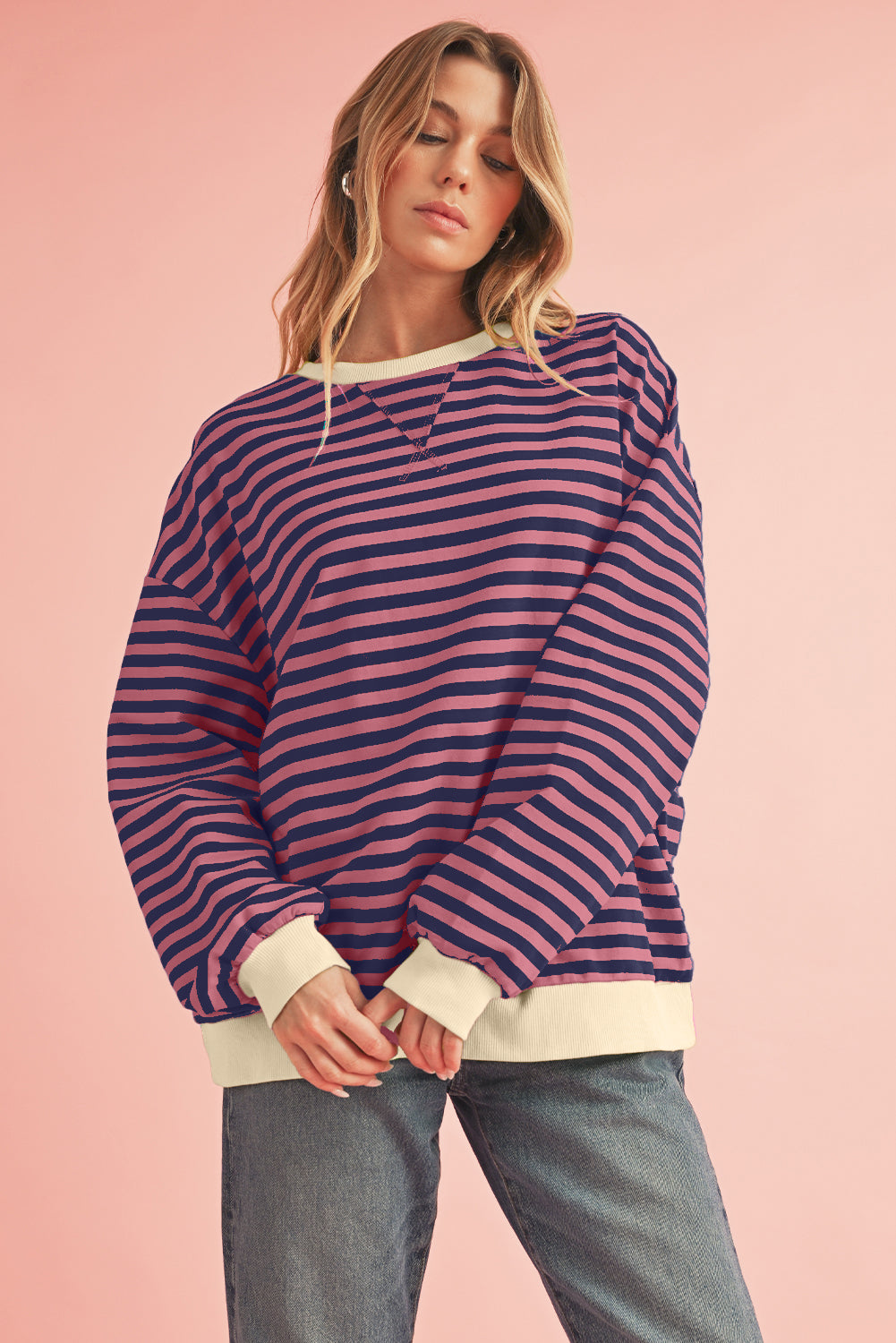 Red Stripe Contrast Edge Oversized Pullover