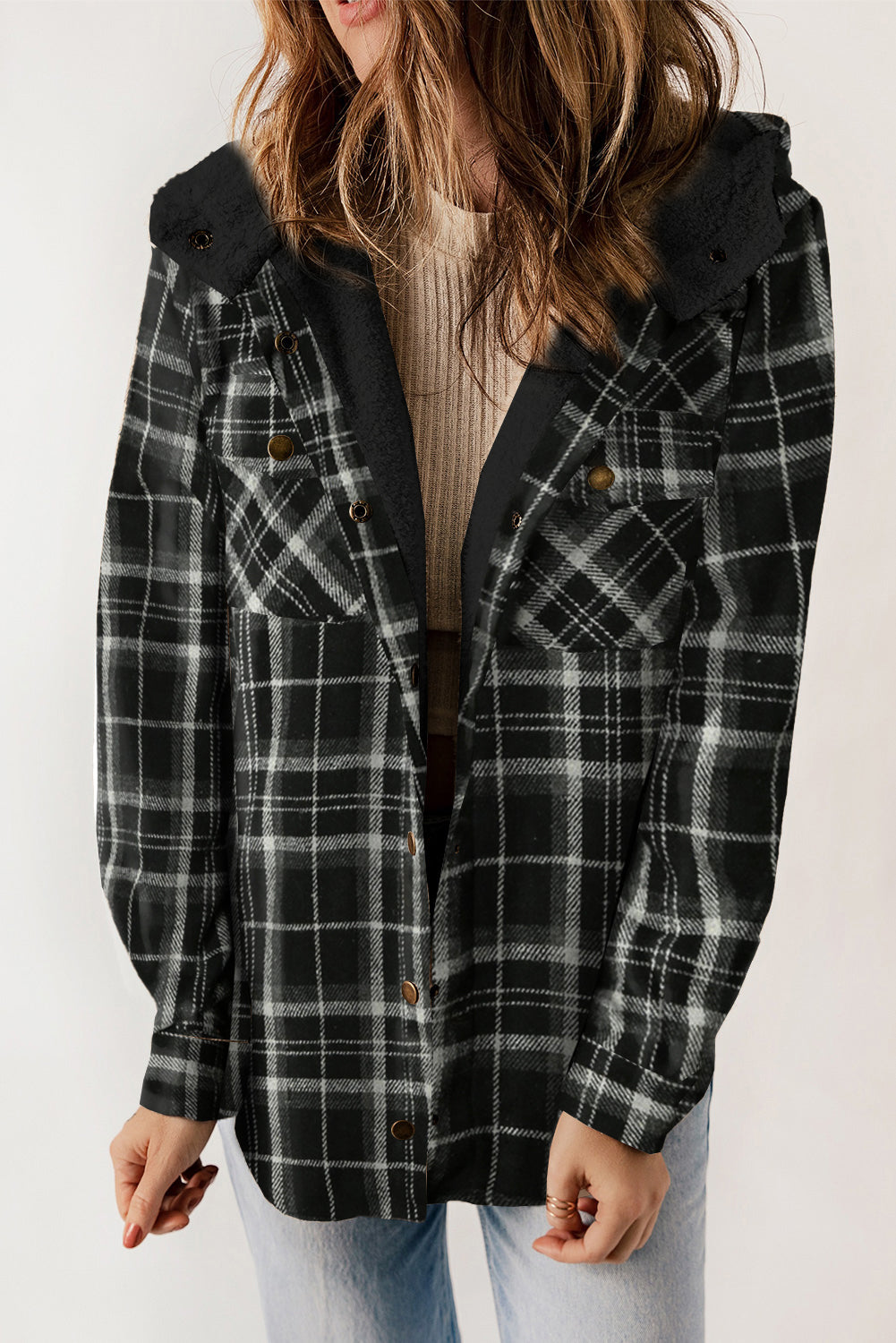 Snap Button Sherpa Lined Hooded Flannel Jacket