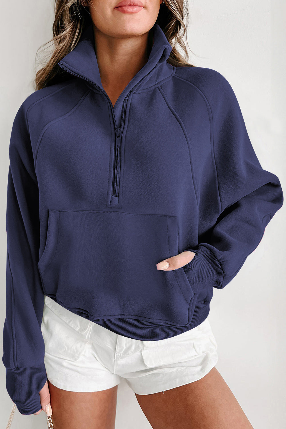 Zip Up Stand Collar Thumbhole Sleeve Sweatshirt