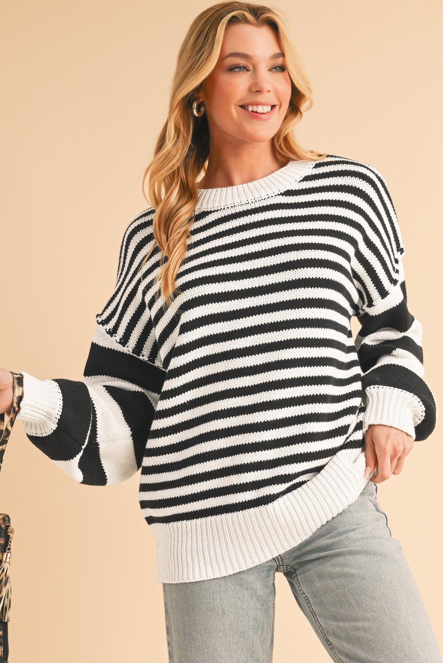 Black & White Striped Drop Sleeve Knit Sweater