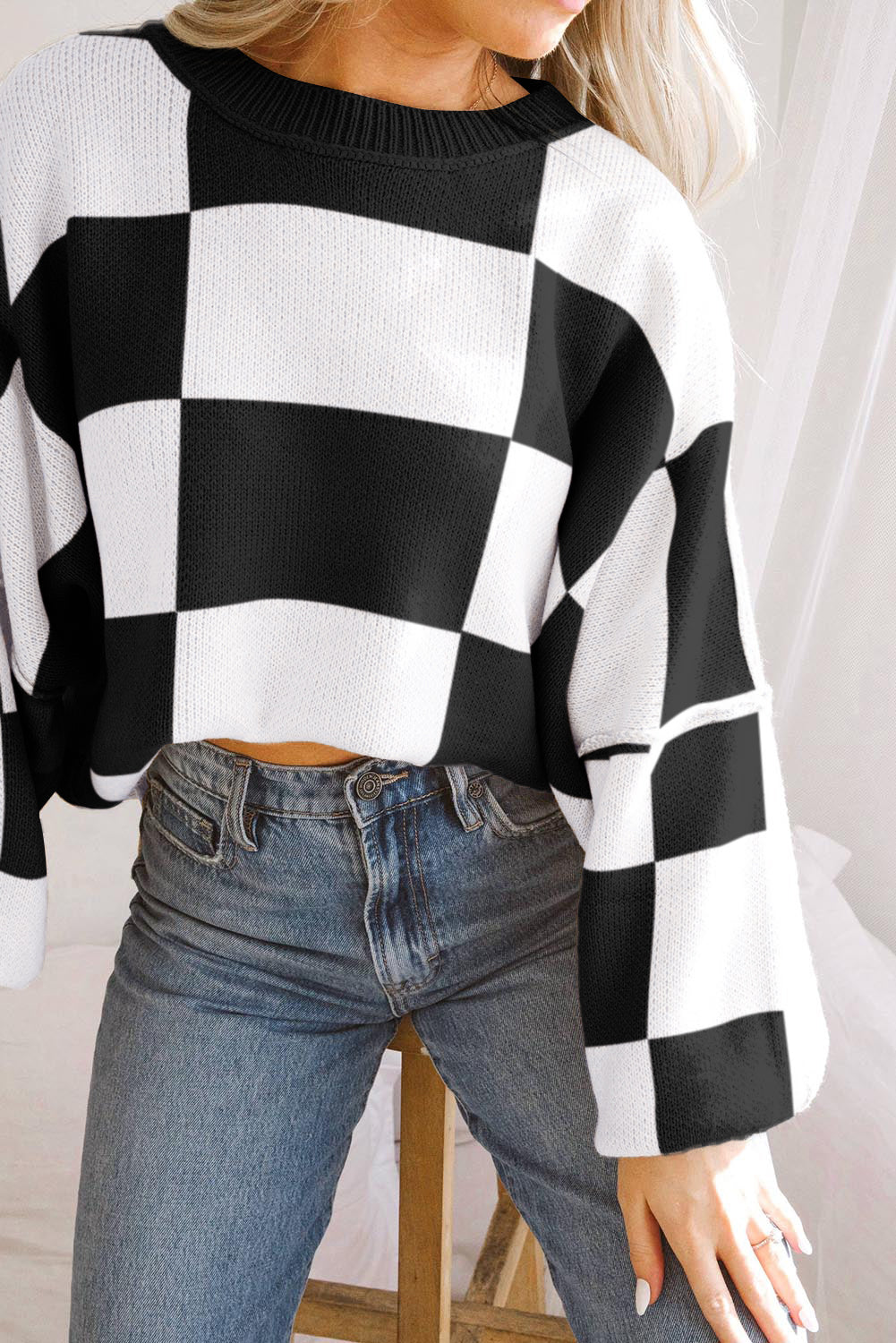 Checkered Bishop Sleeve Sweater