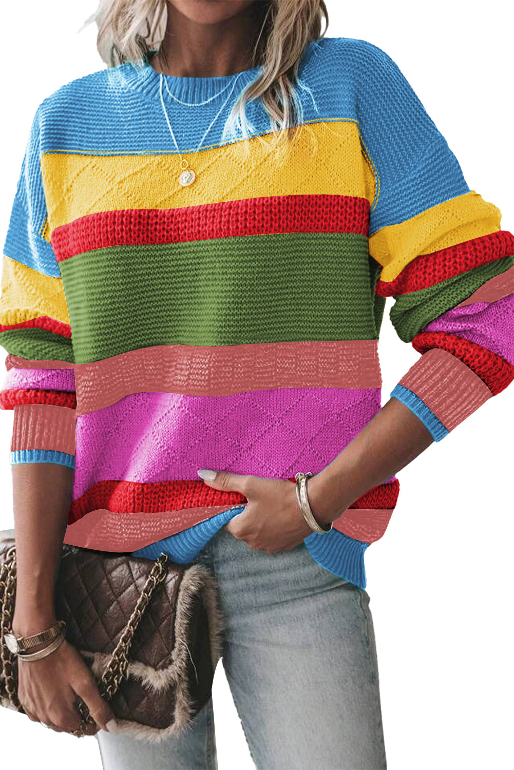 Light Blue Colorblock Drop Shoulder Crew Neck Sweater