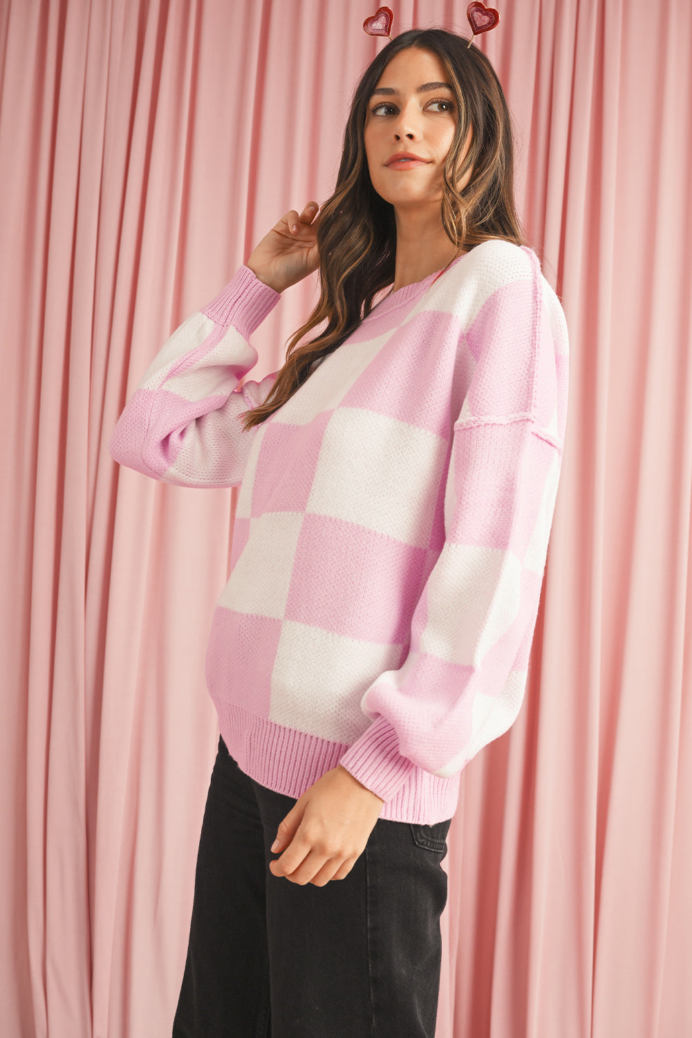 Checkered Bishop Sleeve Pullover Sweater