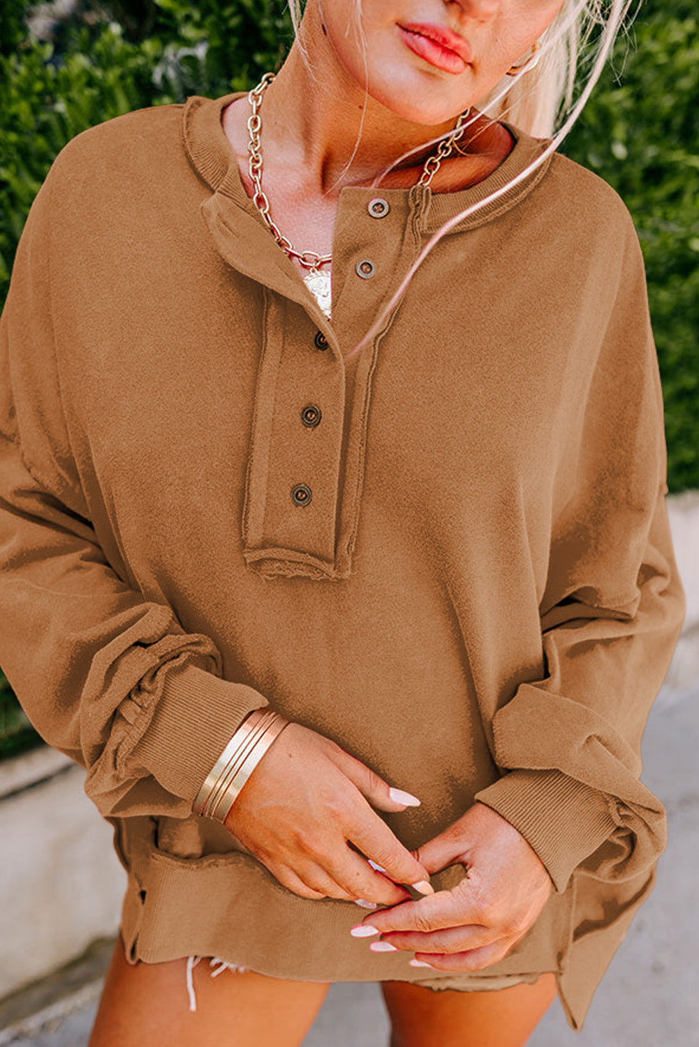 Chestnut Slouchy Drop Shoulder Henley Sweatshirt