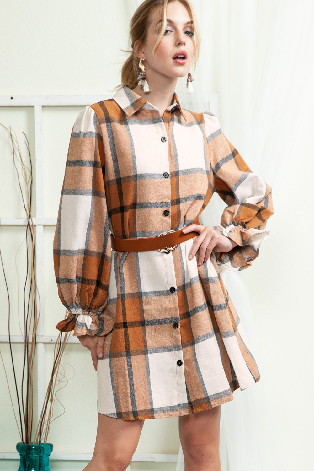 Plaid Pattern Ruffled Sleeve Dress