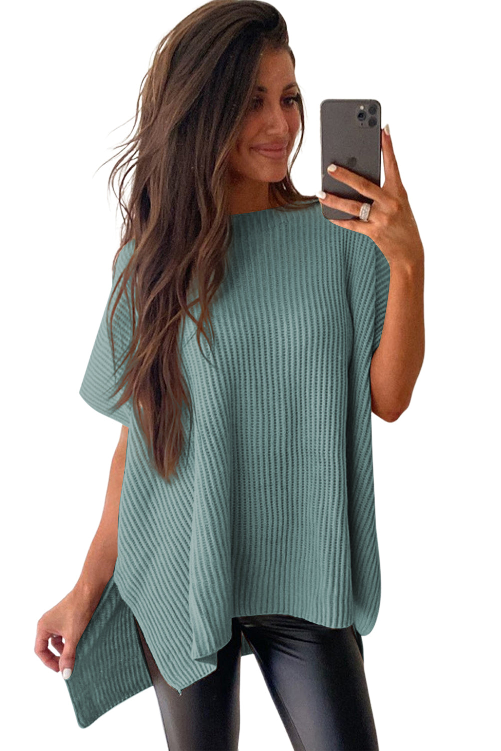 Haze Blue Side Slit Short Sleeve Oversized Sweater