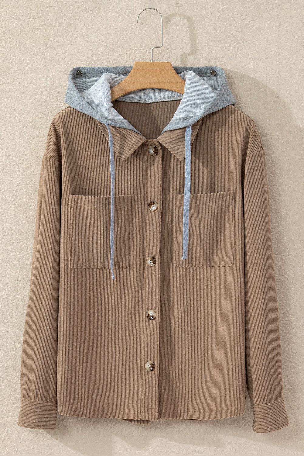 Pale Khaki Pockets Drawstring Hooded Corduroy Shacket