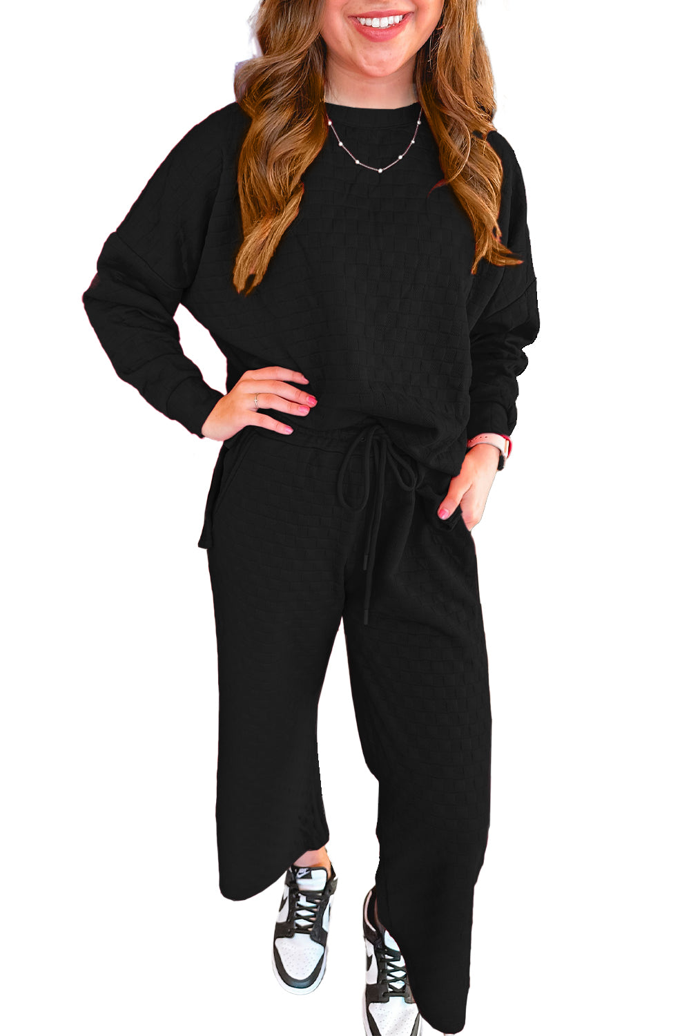 Black Textured Split Pullover Top and Pants Set