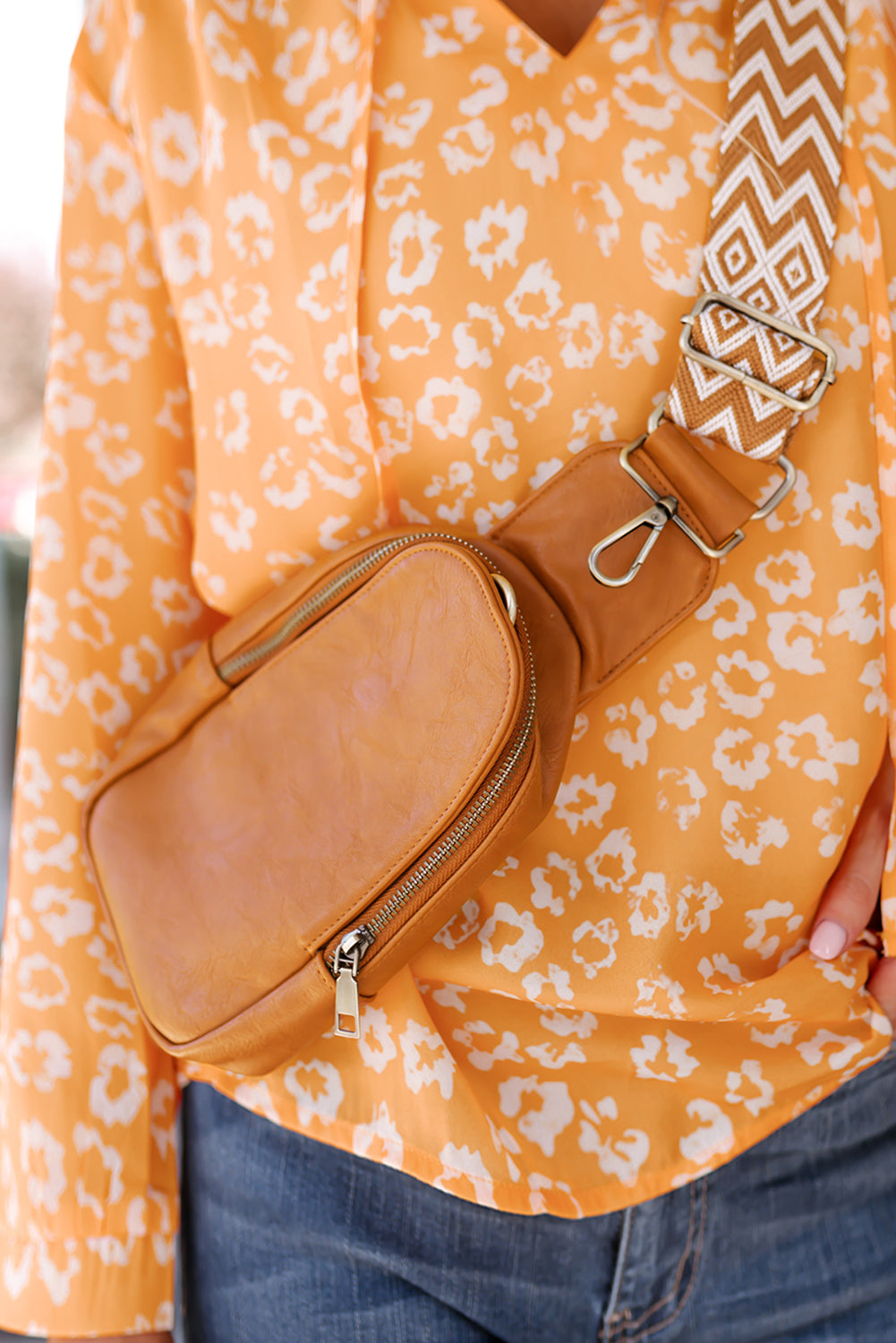 Brown Faux Leather Zipped Western Crossbody Sling Bag