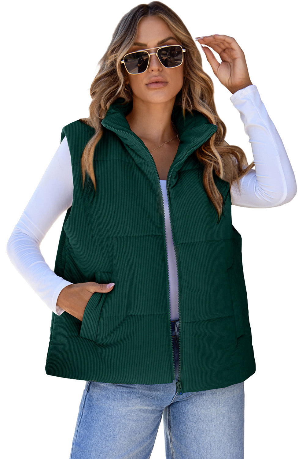 Coffee Solid Color Corduroy Puffer Vest Coat