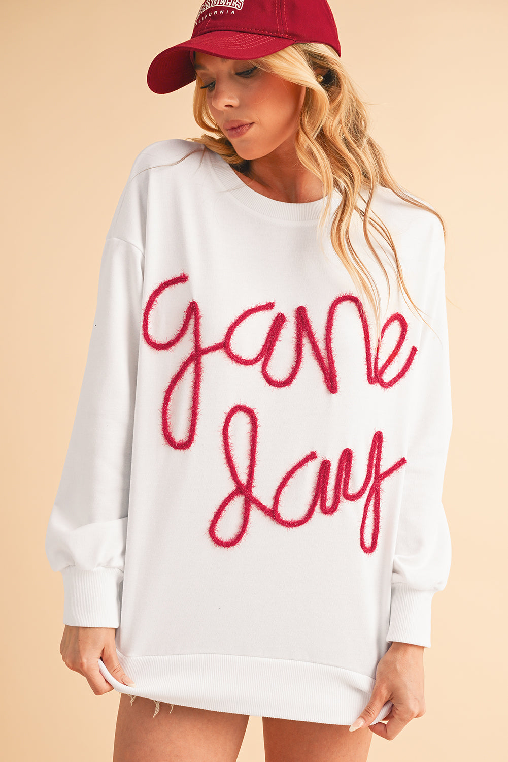 White Tinsel Game Day Drop Shoulder Sweatshirt