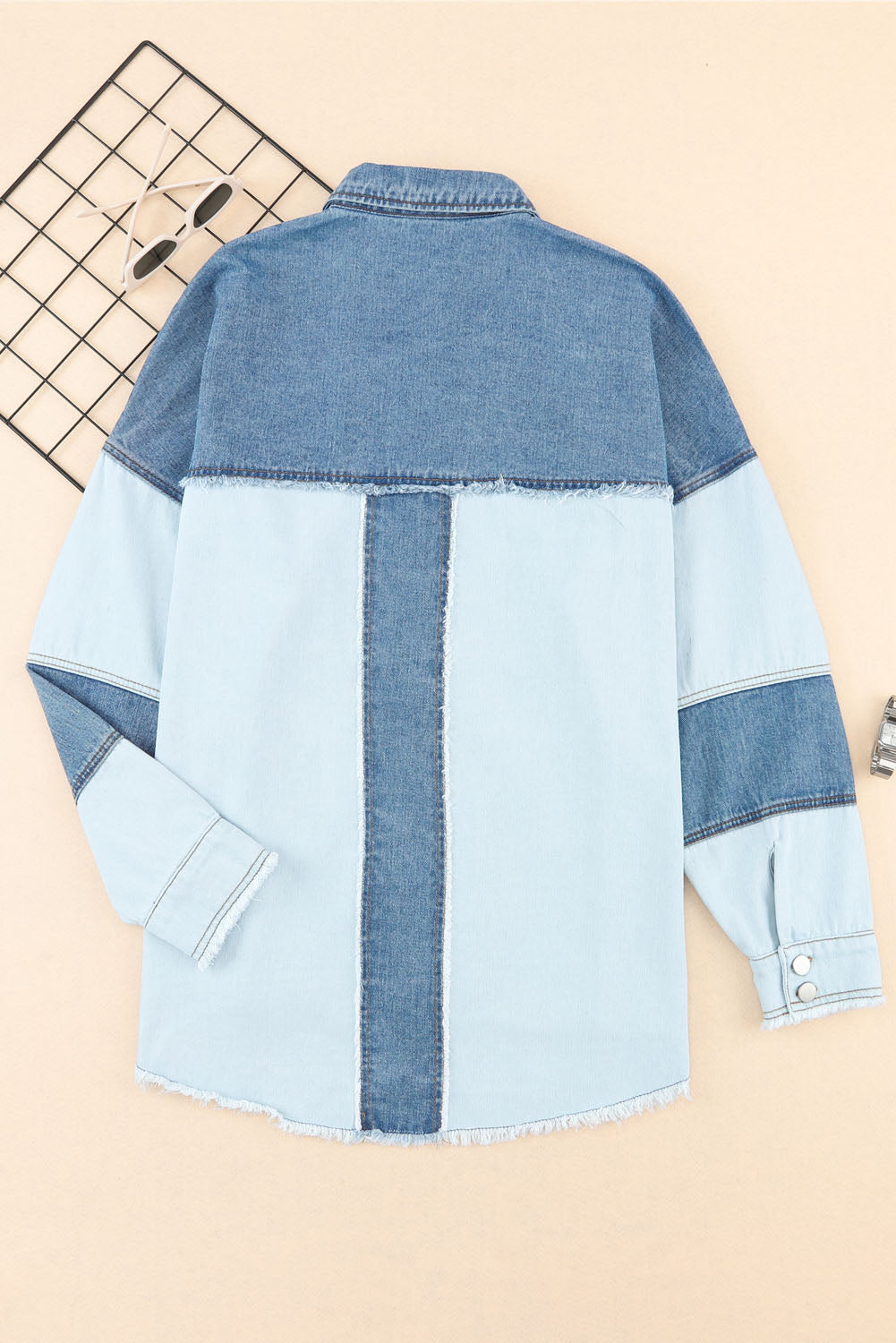 Patchwork Raw Hem Oversized Denim Shacket