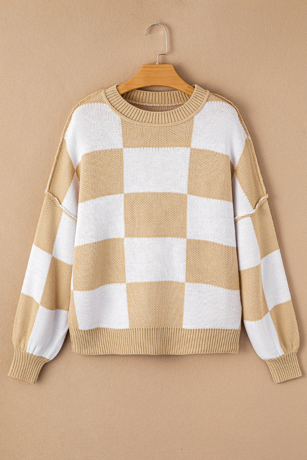 Checkered Bishop Sleeve Pullover Sweater